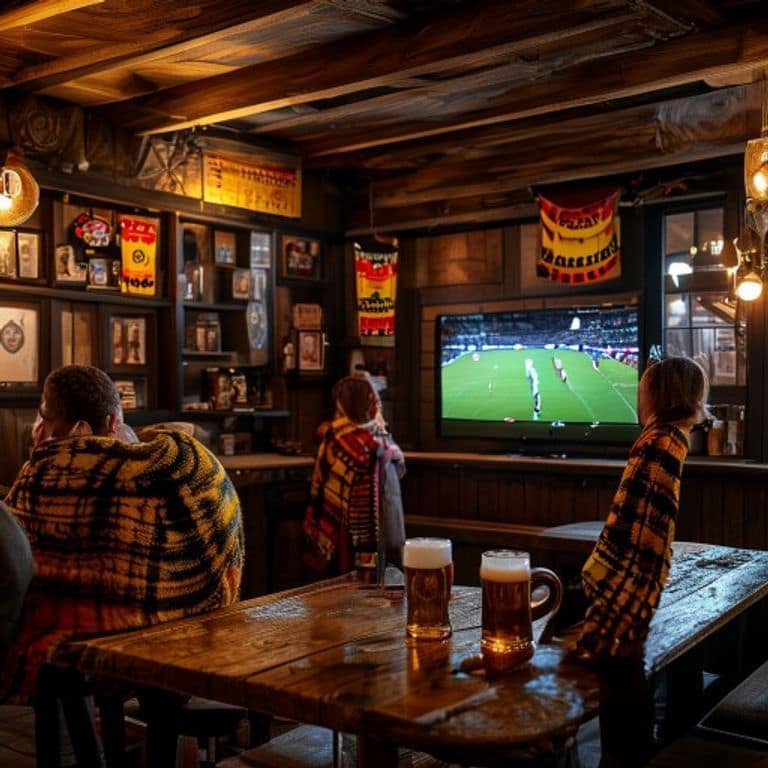 Drei Fans mit gelb-schwarzen BVB-Schals sitzen in einer holzgetäfelten Kneipe und schauen auf einem Flachbildfernseher das Bundesliga-Spiel; auf dem Tisch zwei volle Bierkrüge.